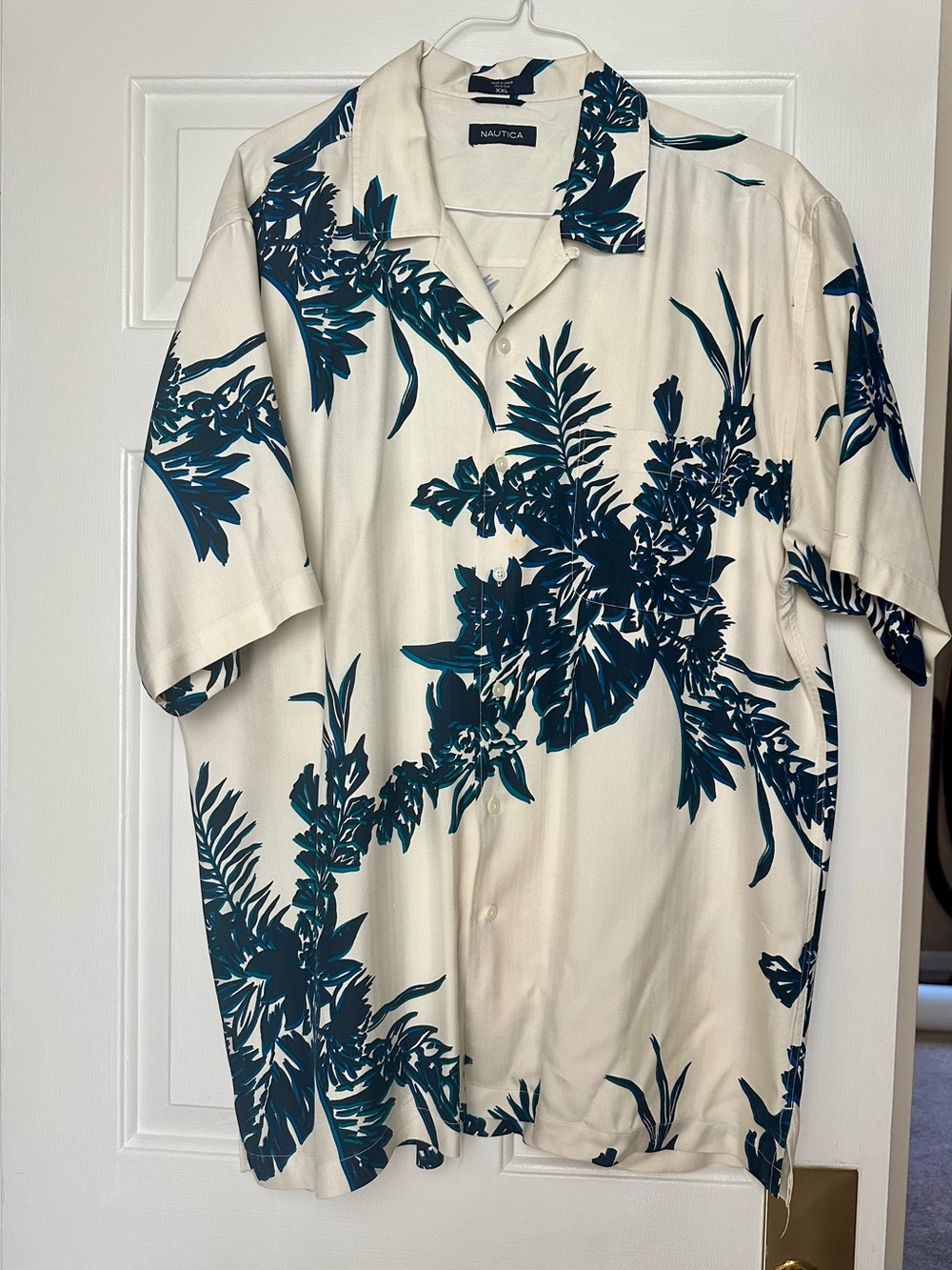 Nautica Men’s Cream Button-Down Silk Shirt with Teal Floral Print